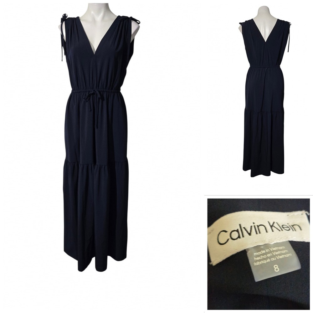 Calvin Klein Navy Blue V-Neck Tiered Maxi Dress Sleeveless Shoulder Ties Size 8